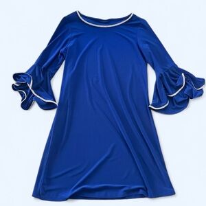 Vintage Blue Flare Ruffle Sleeved Dress with Rhinestone Trim Size M